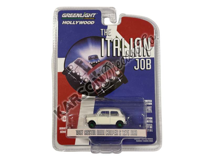 CHASE 1967 Austin Mini Cooper S 1275 MKI White w/ Black Stripes - The Italian Job (Hollywood Series 28) Diecast 1:64 Scale Model - Greenlight 44880C