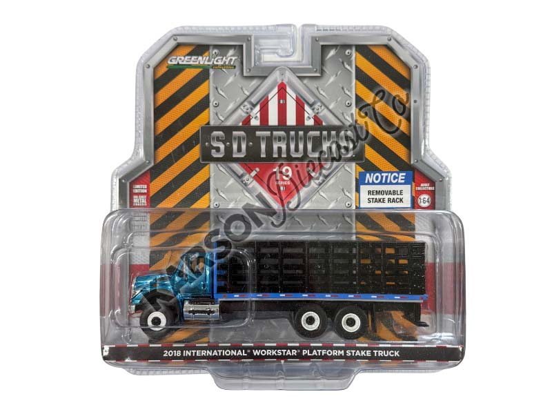 CHROME CHASE 2018 International WorkStar Platform Stake - Blue (S.D. Trucks Series 19) Diecast 1:64 Scale Model - Greenlight 45190B
