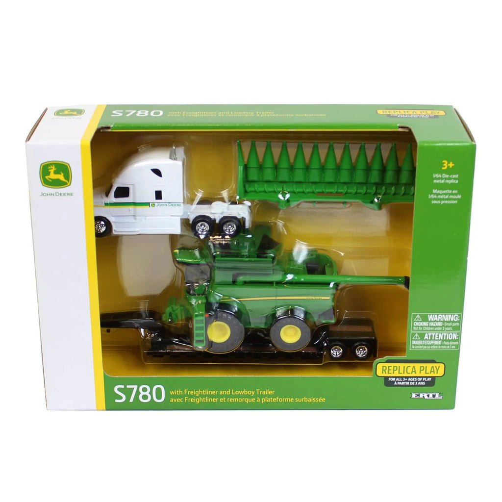 John Deere Freightliner Semi w/ S780 Combine & Lowboy Trailer Diecast 1:64 Scale Model - ERTL 45656