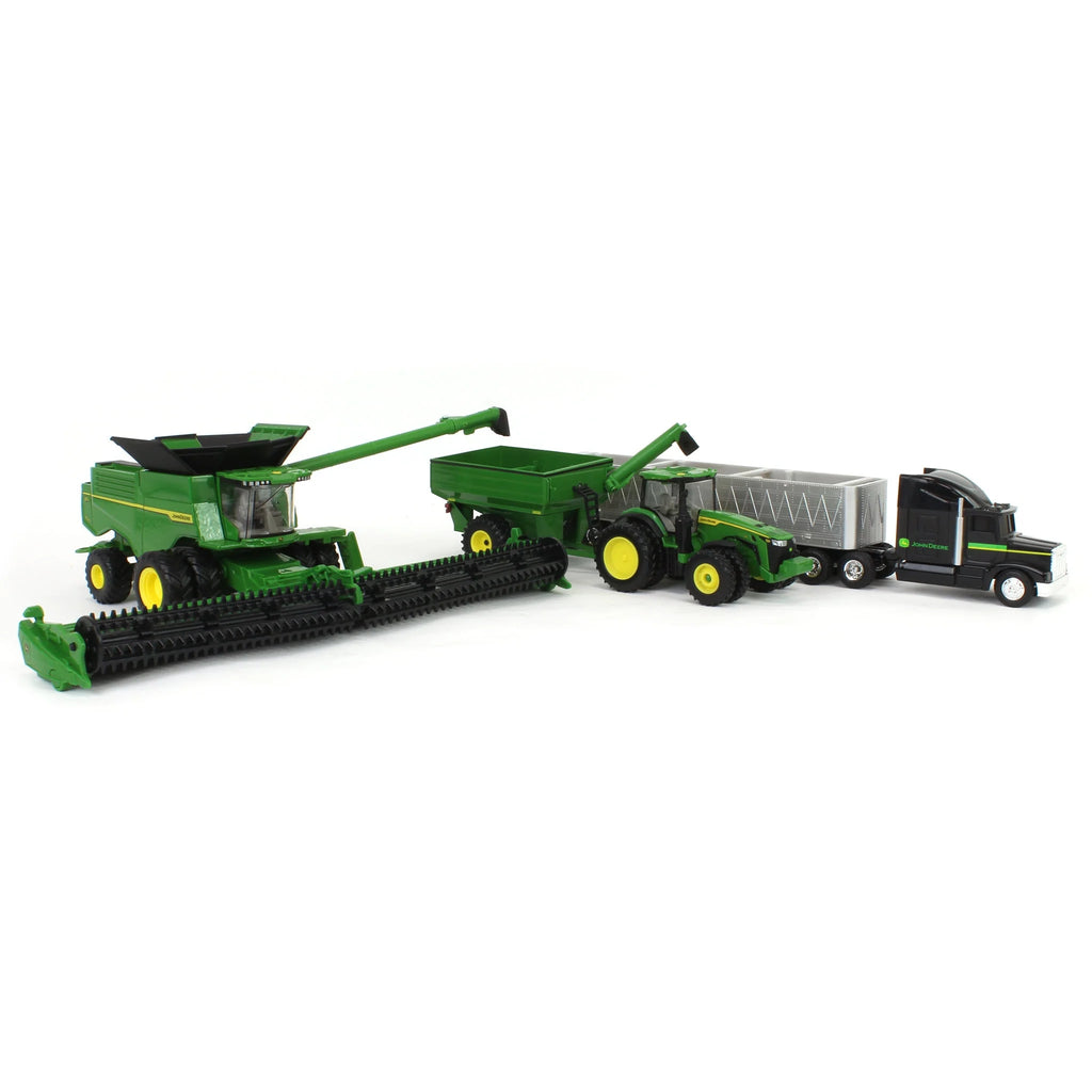 John Deere Harvesting Set w/ 8R 370 Tractor, Grain Cart, X9 1100 Combine & Grain Semi Diecast 1:64 Scale Models - ERTL 45955
