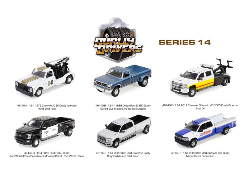 (Dually Drivers Series 14) SET OF 6 Diecast 1:64 Scale Models - Greenlight 46140