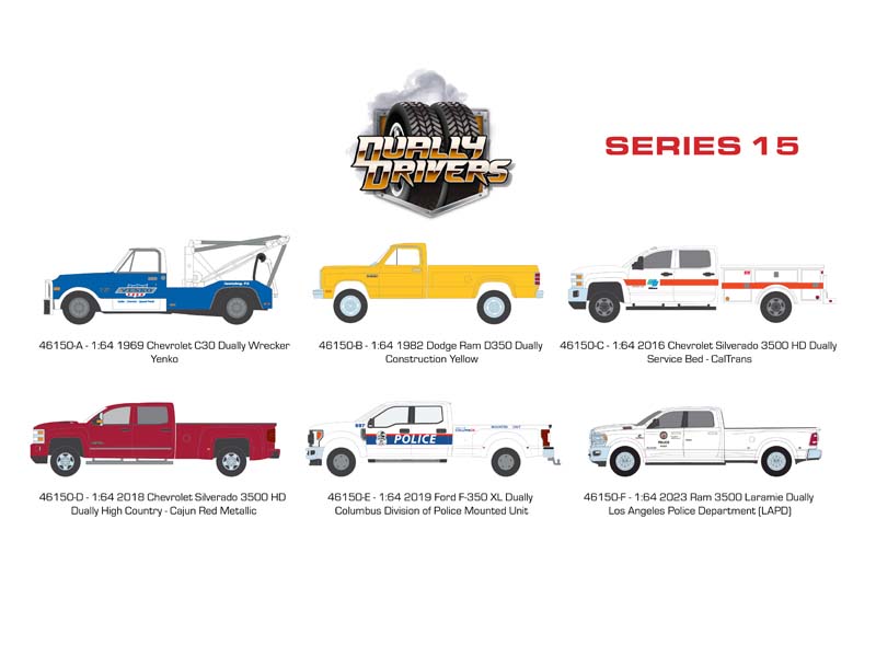 PRE-ORDER (Dually Drivers Series 15) SET OF 6 Diecast 1:64 Scale Models - Greenlight 46150