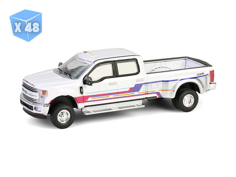 48 PACK 2019 Ford F-350 Lariat Dually - White w/ Custom Stripes (Dually Drivers Series 16) Diecast 1:64 Scale Model - Greenlight 46160D