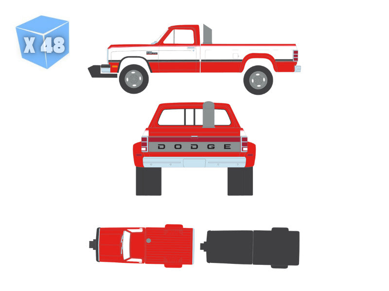 PRE-ORDER - 48 PACK 1993 Dodge Ram D350 Dually - Red and White w/ Exhaust + Bumper Weights (Dually Drivers Series 17) Diecast 1:64 Scale Model - Greenlight 46170C