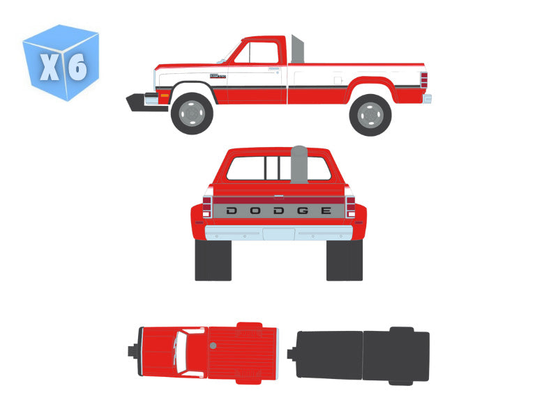 PRE-ORDER - 6 PACK 1993 Dodge Ram D350 Dually - Red and White w/ Exhaust + Bumper Weights (Dually Drivers Series 17) Diecast 1:64 Scale Model - Greenlight 46170C