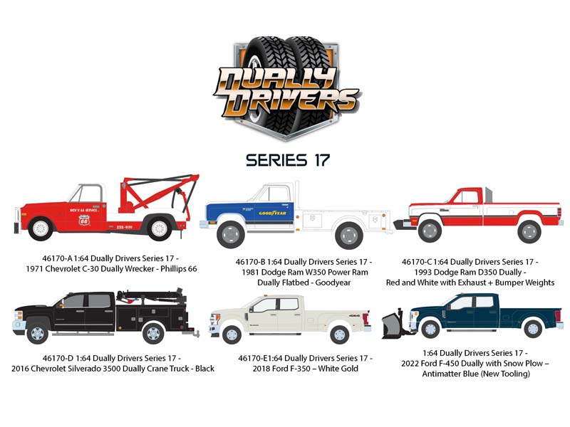 PRE-ORDER (Dually Drivers Series 17) SET OF 6 Diecast 1:64 Scale Models - Greenlight 46170