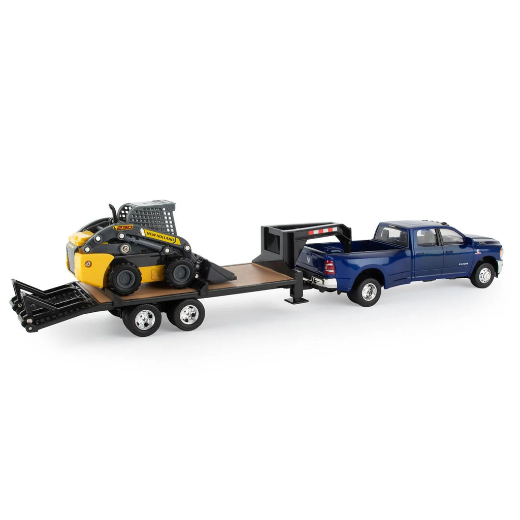 RAM 3500 Dually Quad Cab Pickup Truck w/ Lowboy Trailer & New Holland L230 Skid Steer 1:32 Scale Model - ERTL 47269