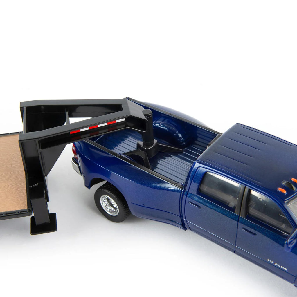 RAM 3500 Dually Quad Cab Pickup Truck w/ Lowboy Trailer & New Holland L230 Skid Steer 1:32 Scale Model - ERTL 47269