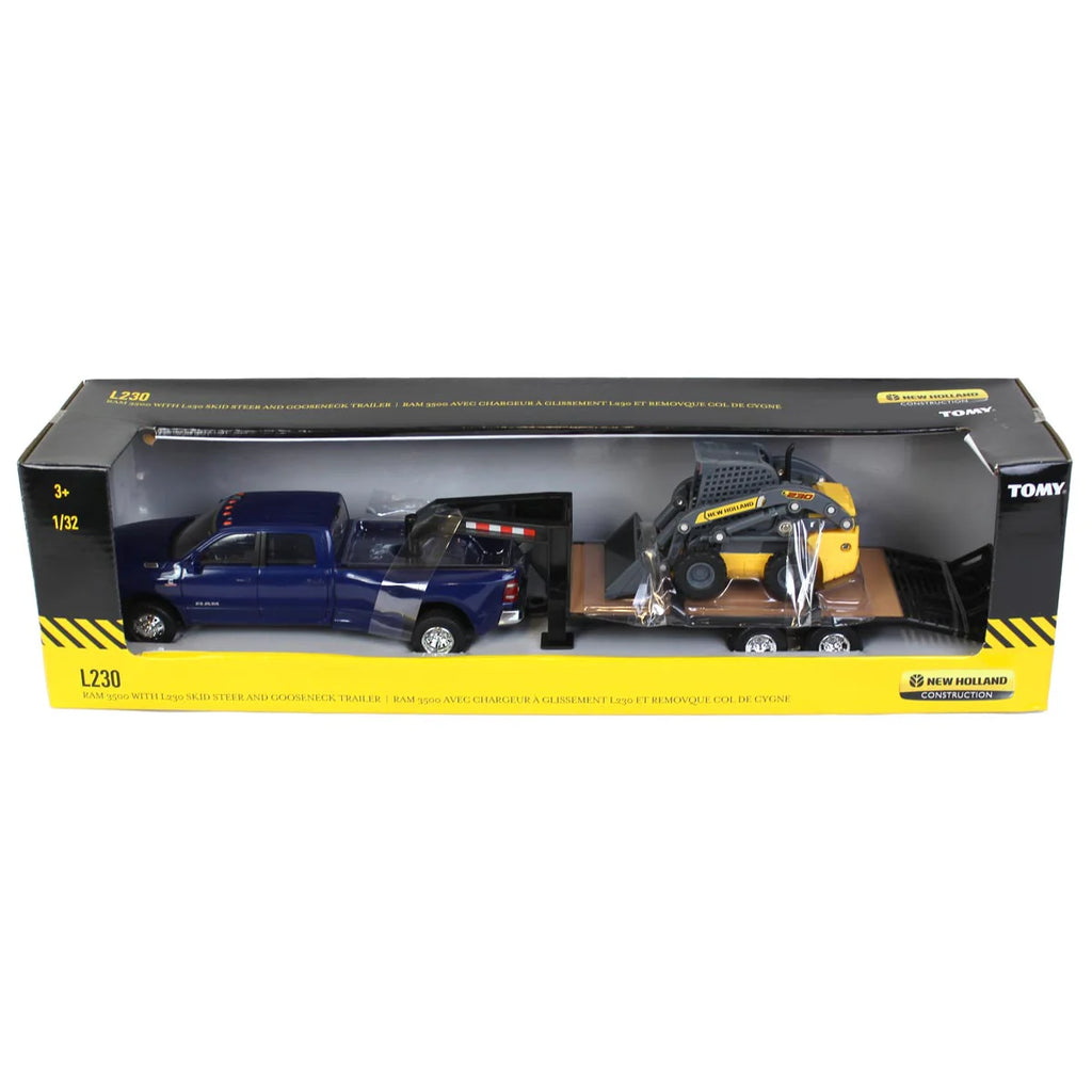 RAM 3500 Dually Quad Cab Pickup Truck w/ Lowboy Trailer & New Holland L230 Skid Steer 1:32 Scale Model - ERTL 47269