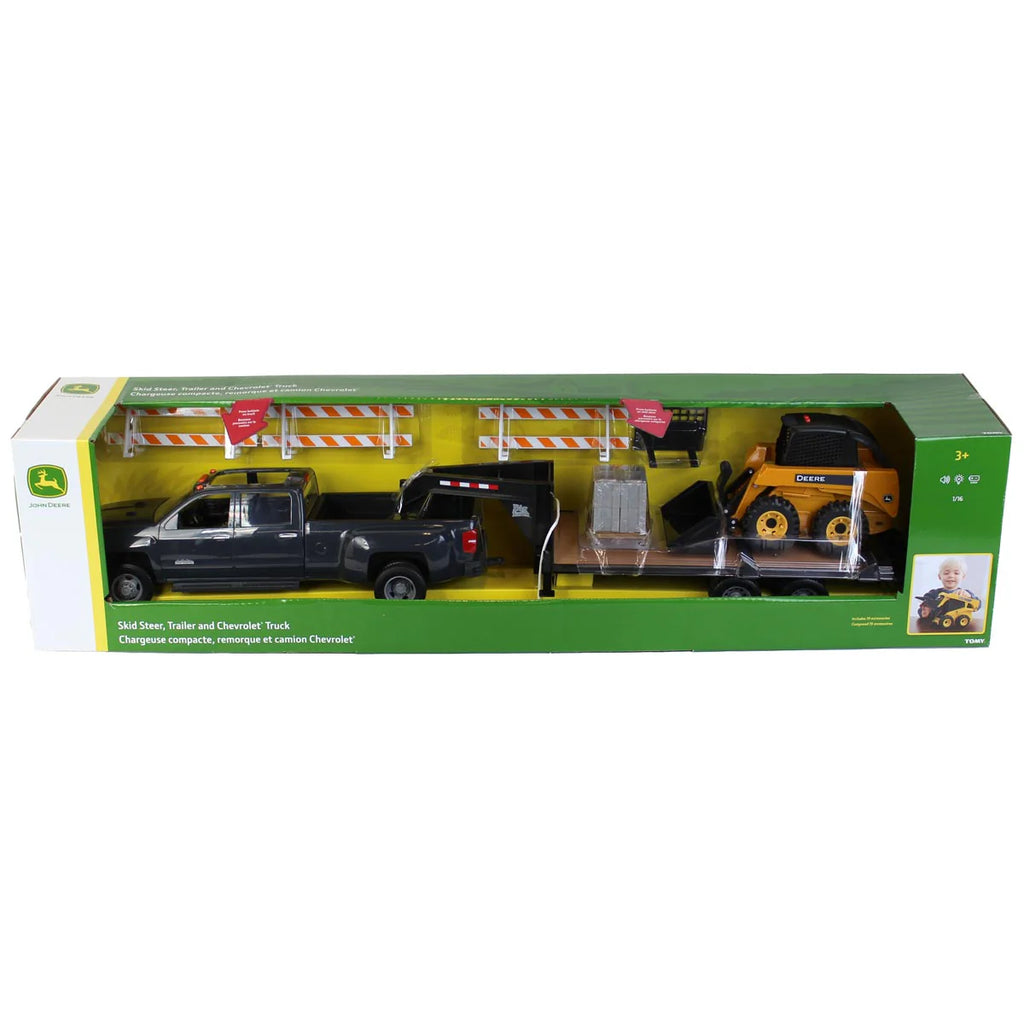 Chevy Dually Quad Cab w/ Gooseneck Trailer and John Deere Skid Steer (Big Farm) 1:16 Scale Model - ERTL 47347
