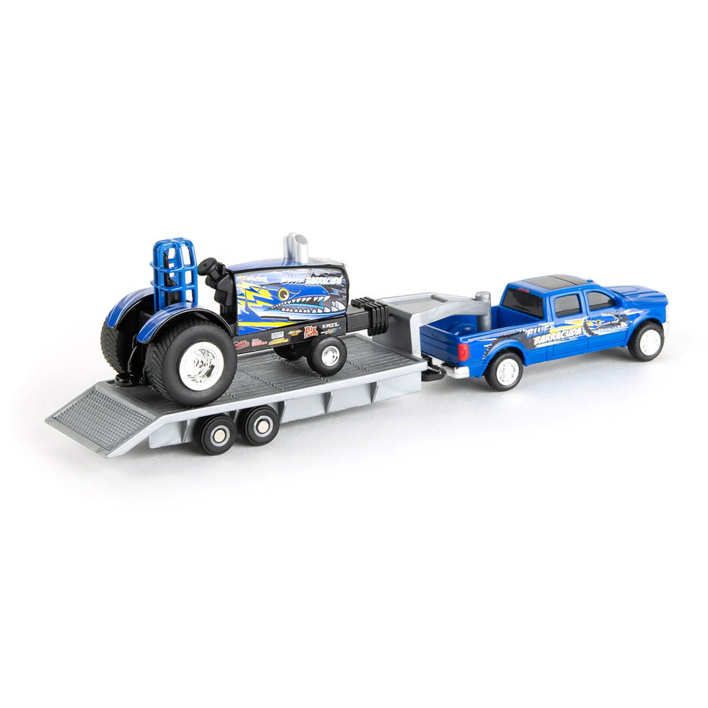 New Holland "Blue Barracuda" Pulling Tractor w/ Pickup Truck & Trailer Diecast 1:64 Scale Model - ERTL 47570