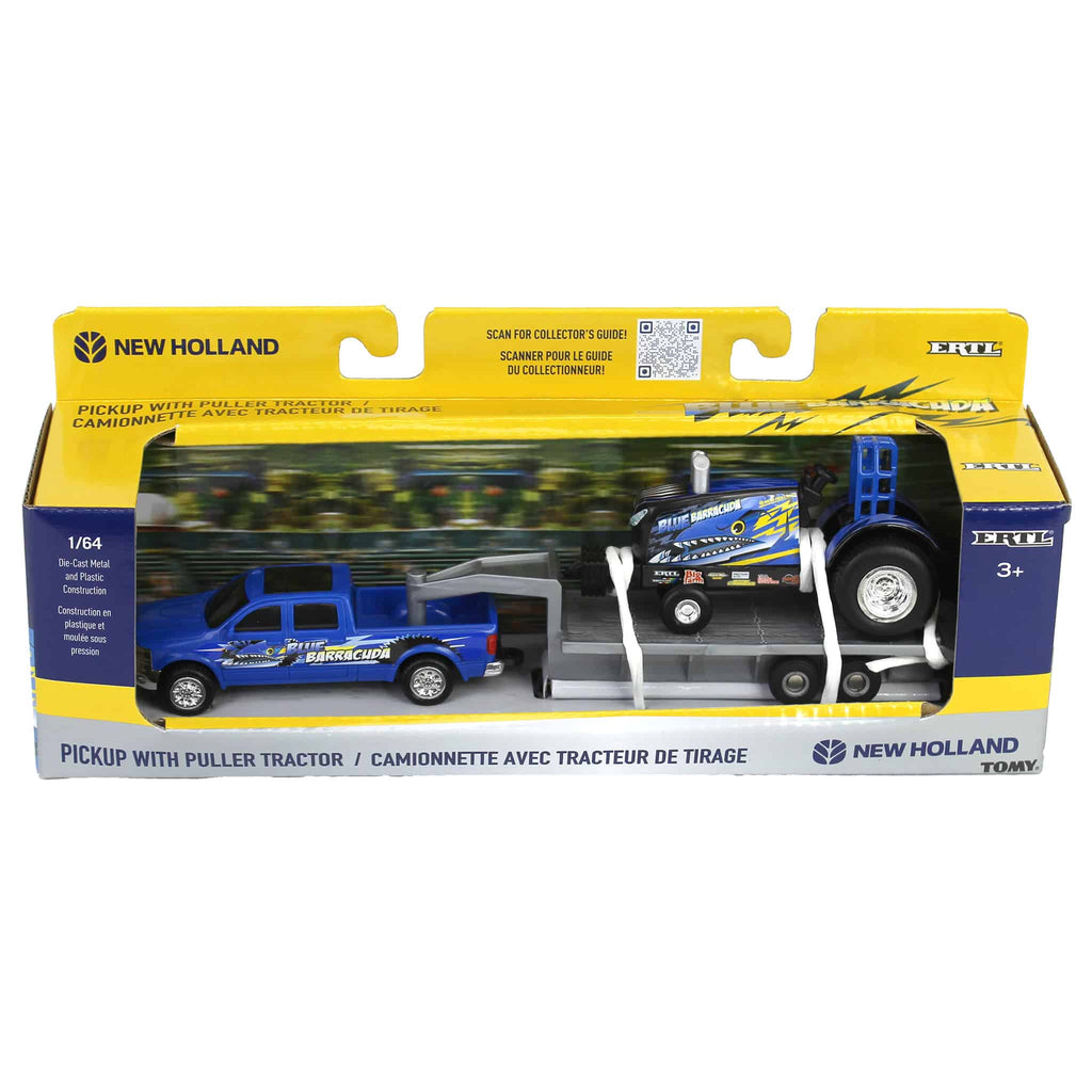 New Holland "Blue Barracuda" Pulling Tractor w/ Pickup Truck & Trailer Diecast 1:64 Scale Model - ERTL 47570