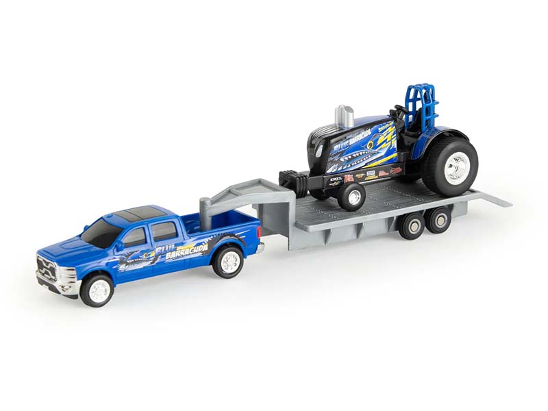 New Holland "Blue Barracuda" Pulling Tractor w/ Pickup Truck & Trailer Diecast 1:64 Scale Model - ERTL 47570