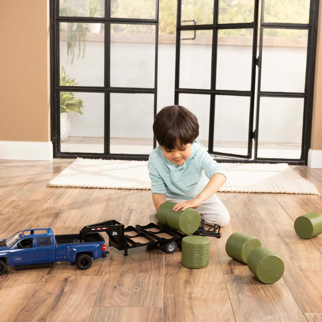 Chevy 3500 High Country Dually Pickup Truck w/ Gooseneck Trailer & 6 Round Bales (Big Farm) 1:16 Scale Model - ERTL 47603