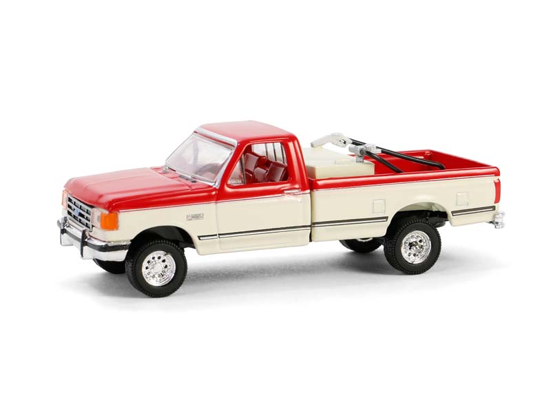 PRE-ORDER 1991 Ford F-250 XLT w/ Fuel Transfer Tank – Scarlet Red & Colonial White (Down on the Farm Series 9) Diecast 1:64 Scale Model - Greenlight 48090E