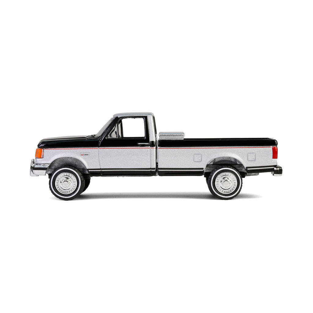 CHROME CHASE 1990 Ford F-250 w/ Tool Box - Raven Black & Silver Metallic Two-Tone (Down on the Farm Series 10) Diecast 1:64 Scale Model - Greenlight 48100E