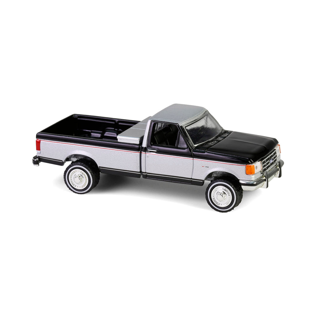 CHROME CHASE 1990 Ford F-250 w/ Tool Box - Raven Black & Silver Metallic Two-Tone (Down on the Farm Series 10) Diecast 1:64 Scale Model - Greenlight 48100E