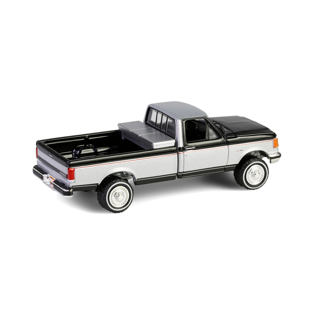 CHROME CHASE 1990 Ford F-250 w/ Tool Box - Raven Black & Silver Metallic Two-Tone (Down on the Farm Series 10) Diecast 1:64 Scale Model - Greenlight 48100E