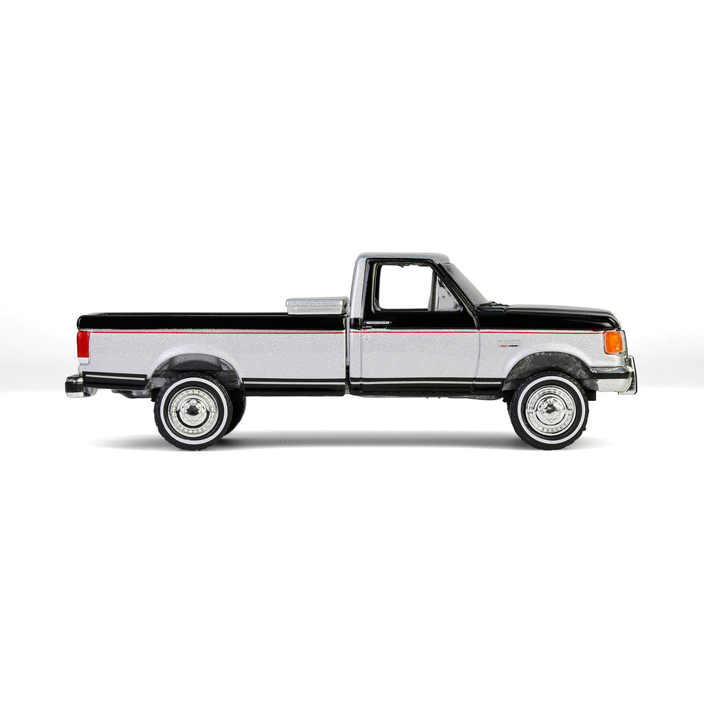 CHROME CHASE 1990 Ford F-250 w/ Tool Box - Raven Black & Silver Metallic Two-Tone (Down on the Farm Series 10) Diecast 1:64 Scale Model - Greenlight 48100E