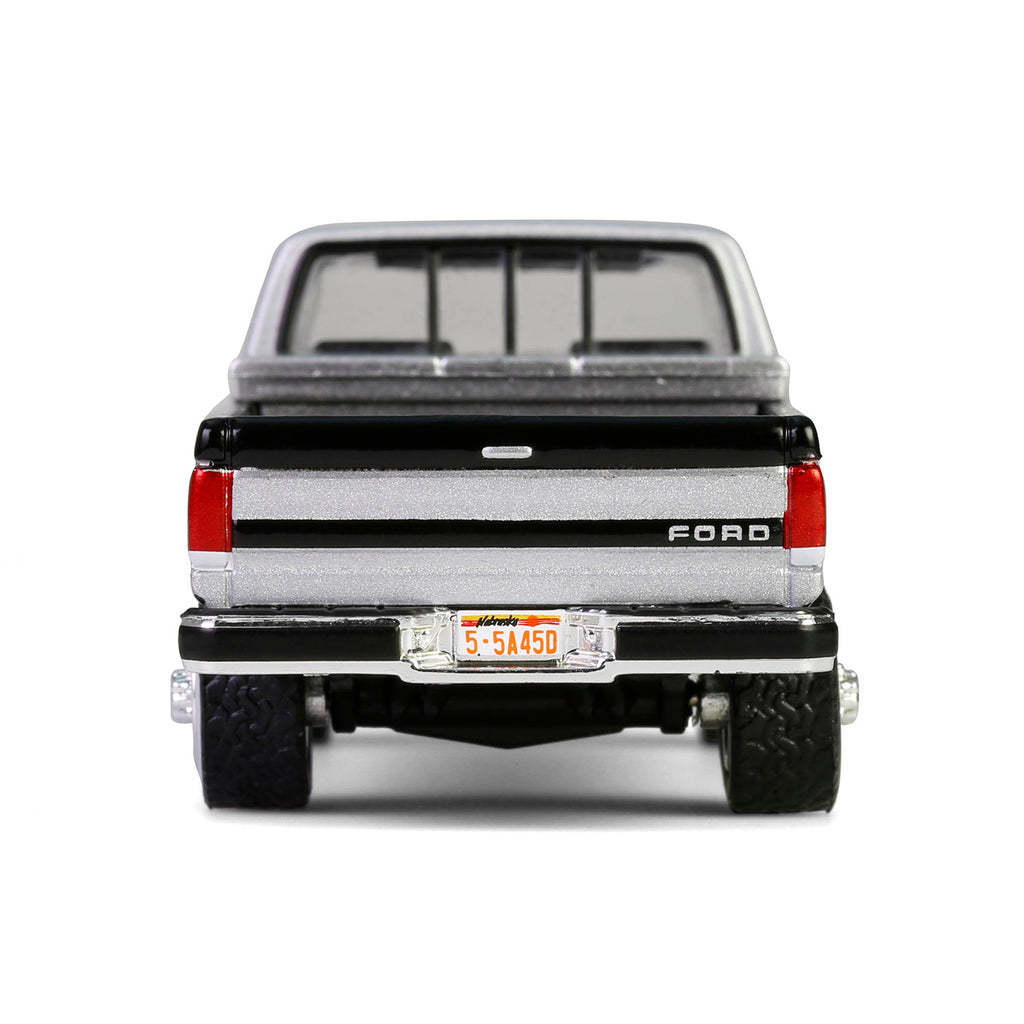 CHROME CHASE 1990 Ford F-250 w/ Tool Box - Raven Black & Silver Metallic Two-Tone (Down on the Farm Series 10) Diecast 1:64 Scale Model - Greenlight 48100E