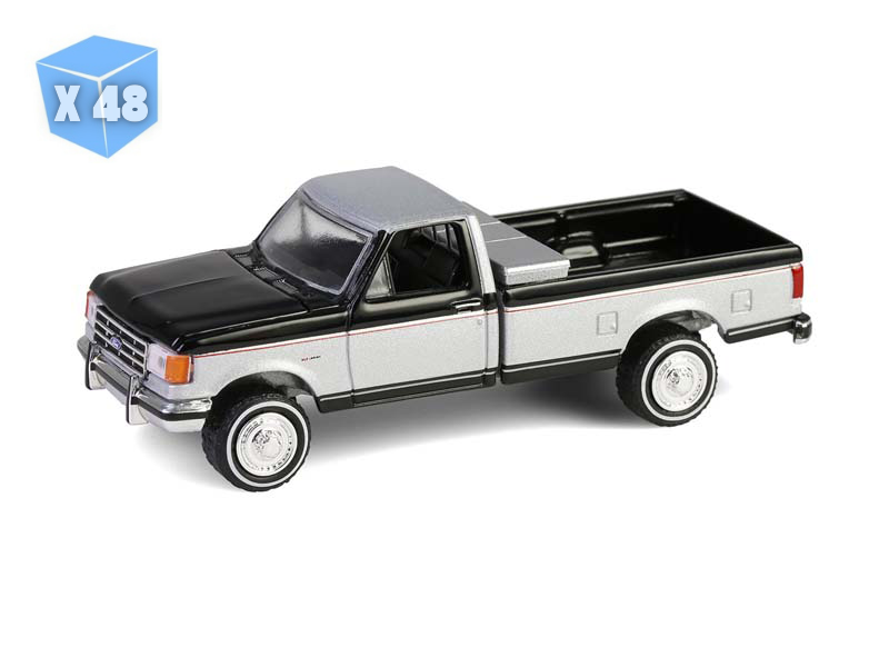 48 PACK 1990 Ford F-250 w/ Tool Box - Raven Black & Silver Metallic Two-Tone (Down on the Farm Series 10) Diecast 1:64 Scale Model - Greenlight 48100E