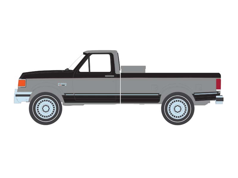 CHROME CHASE 1990 Ford F-250 w/ Tool Box - Raven Black & Silver Metallic Two-Tone (Down on the Farm Series 10) Diecast 1:64 Scale Model - Greenlight 48100E