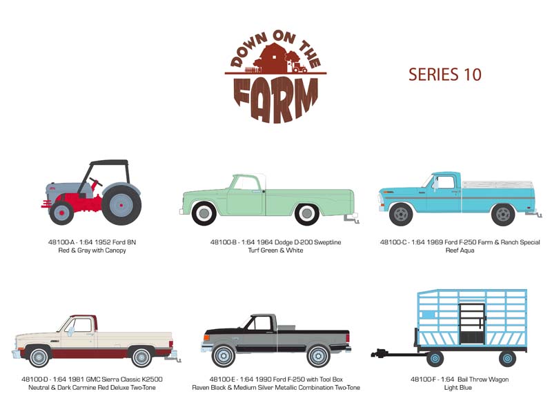 PRE-ORDER (Down on the Farm Series 10) SET OF 6 Diecast 1:64 Scale Models - Greenlight 48100