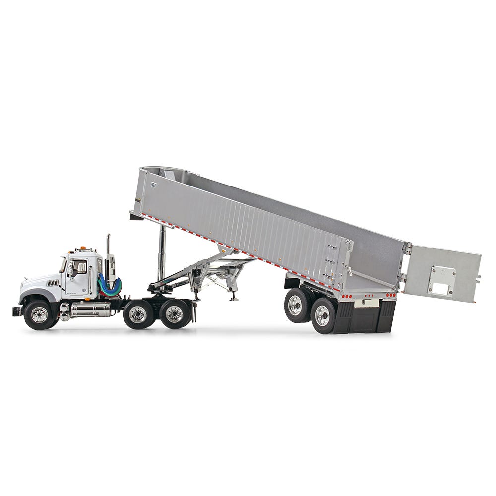 Mack Granite MP Tandem-Axle Day Cab w/ East Genesis End Dump Trailer White and Chrome Diecast 1:50 Scale Model - First Gear 50-3457