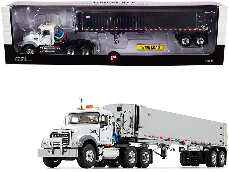 Mack Granite MP Tandem-Axle Day Cab w/ East Genesis End Dump Trailer White and Chrome Diecast 1:50 Scale Model - First Gear 50-3457