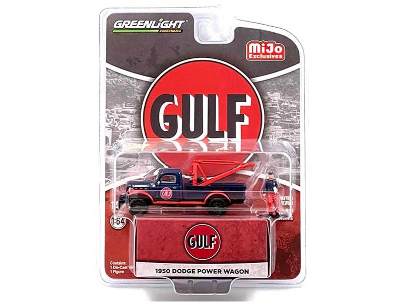 1950 Dodge Power Wagon Tow Truck Gulf Oil Weathered w/ Mechanic Figure (MiJo Exclusives) Diecast 1:64 Scale Model - Greenlight 51543