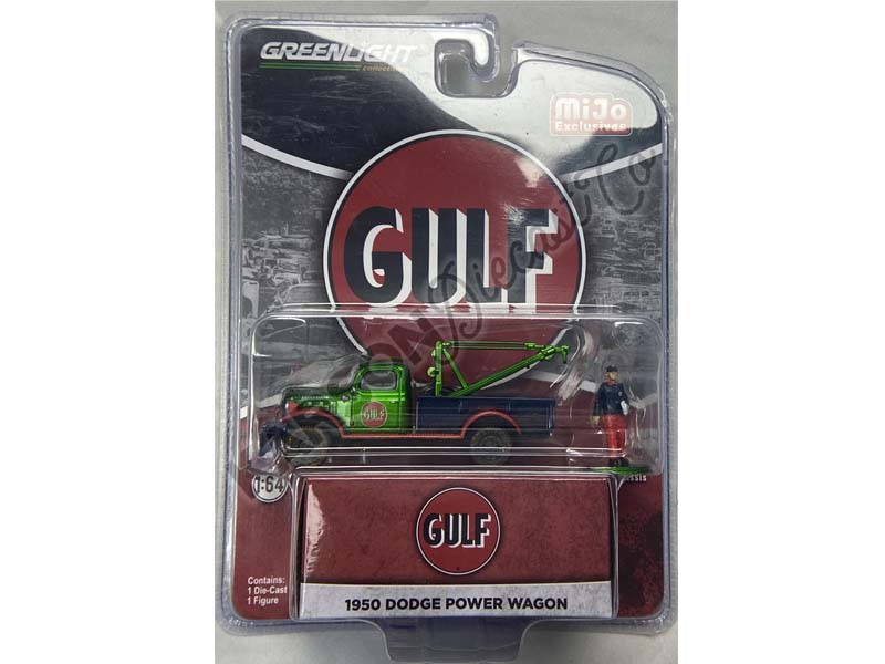CHASE 1950 Dodge Power Wagon Tow Truck Gulf Oil Weathered w/ Mechanic Figure (MiJo Exclusives) Diecast 1:64 Scale Model - Greenlight 51543