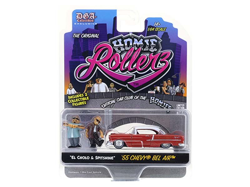 1955 Chevrolet Bel Air w/ El Cholo & Spitshine (Homie Rollerz 2025 Series 1) Diecast 1:64 Scale Model - Greenlight 51640A