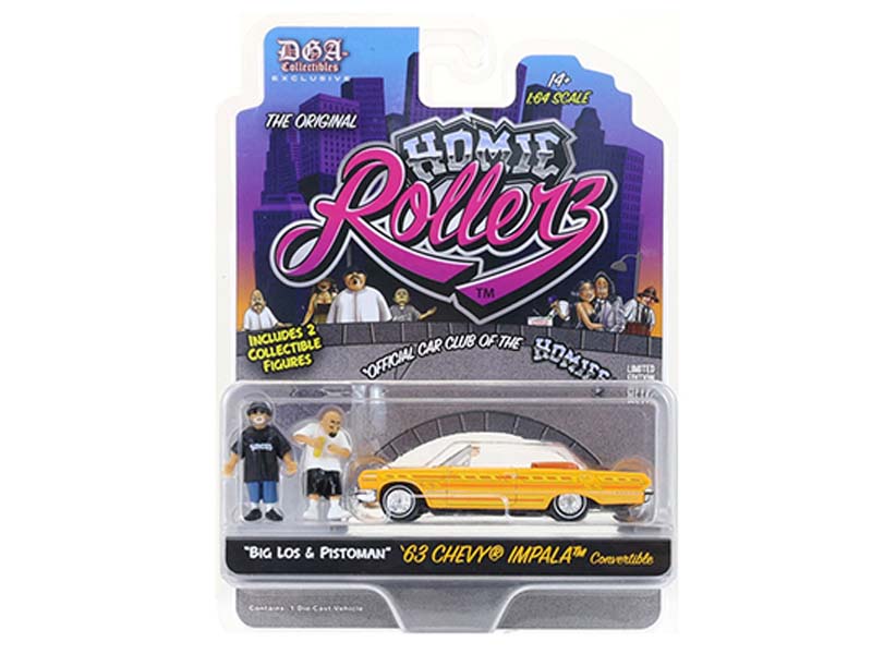 1963 Chevrolet Impala SS Convertible w/ Big Los & Pistoman (Homie Rollerz 2025 Series 1) Diecast 1:64 Scale Model - Greenlight 51640B