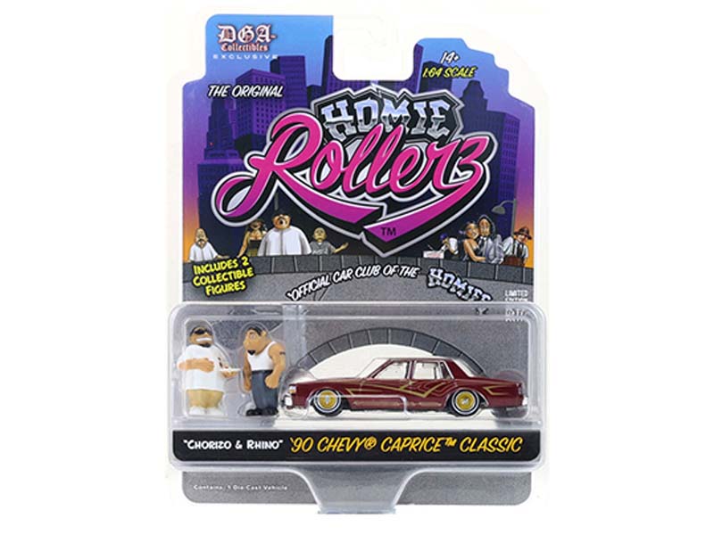 1990 Chevrolet Caprice Classic w/ Chorizo & Rhino (Homie Rollerz 2025 Series 1) Diecast 1:64 Scale Model - Greenlight 51640F