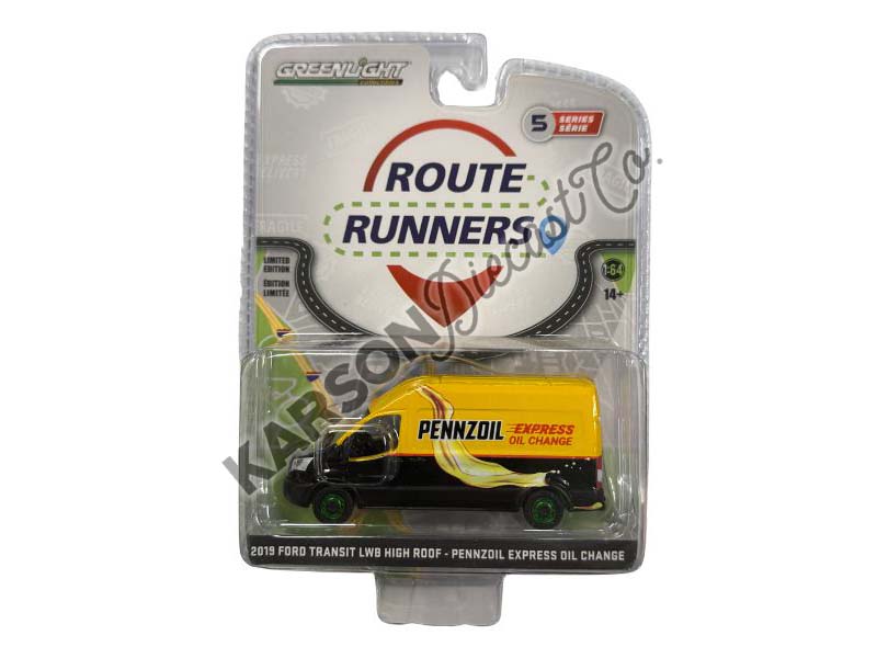 CHASE 2019 Ford Transit LWB High Roof - Pennzoil Express Oil Change (Route Runners Series 5) Diecast 1:64 Scale Model - Greenlight 53050C