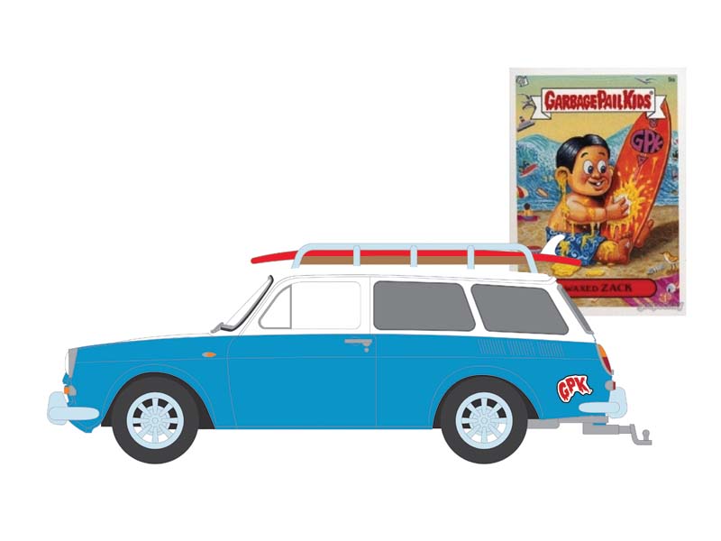 PRE-ORDER 1961 Volkswagen Type 3 Squareback w/ Roof Rack and Surfboards - Waxed Zack (Garbage Pail Kids Series 7) Diecast 1:64 Scale Model - Greenlight 54110B