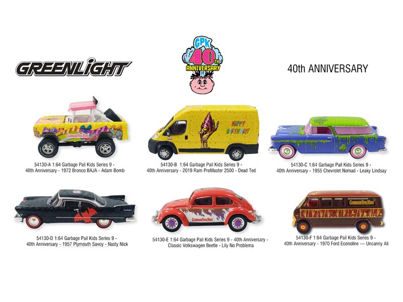 PRE-ORDER (Garbage Pail Kids Series 9 - 40th Anniversary) SET OF 6 Diecast 1:64 Scale Model - Greenlight 54130