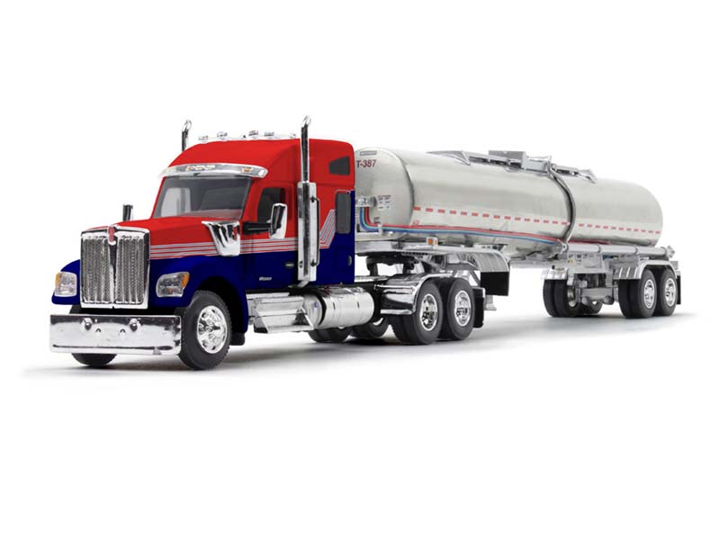 PRE-ORDER Kenworth W990 w/ 76" Mid-Roof Sleeper & Brenner Chemical Tank Trailer - Red/Navy Blue Diecast 1:64 Scale Model - DCP 60-1731