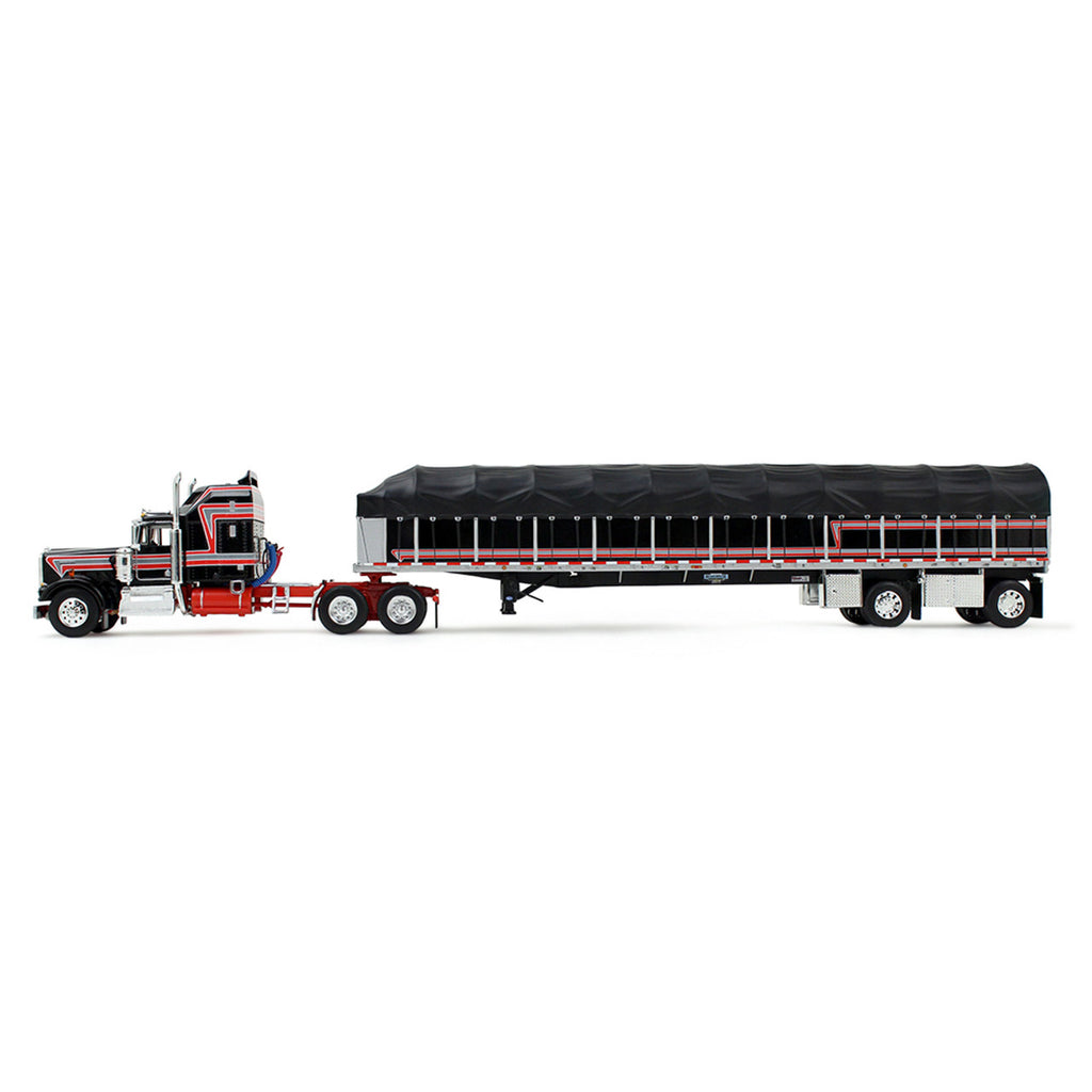 Kenworth W900A w/ 60" Aerodyne Sleeper & 53' Wilson Roadbrute Flatbed Trailer w/ Covered Wagon Diecast 1:64 Scale Model - DCP 60-2056
