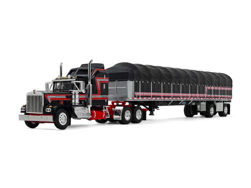 Kenworth W900A w/ 60" Aerodyne Sleeper & 53' Wilson Roadbrute Flatbed Trailer w/ Covered Wagon Diecast 1:64 Scale Model - DCP 60-2056