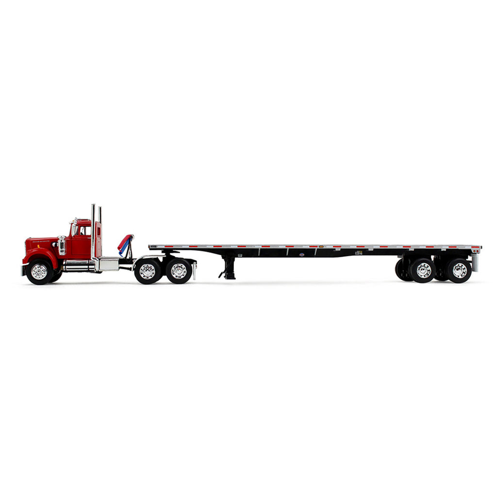 White Western Star 4900 Day Cab w/ 48' Utility Flatbed Trailer - Viper Red Diecast 1:64 Scale Model - DCP 60-2093