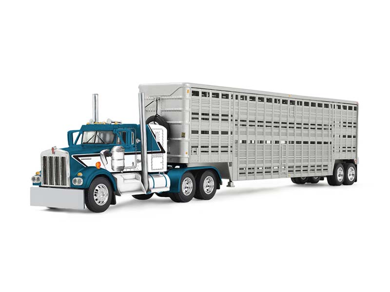 PRE-ORDER Kenworth W900A w/ 36" Sleeper & 45' Wilson Vintage Livestock Trailer Mariner Blue/Silver Diecast 1:64 Scale Model - DCP 60-2136