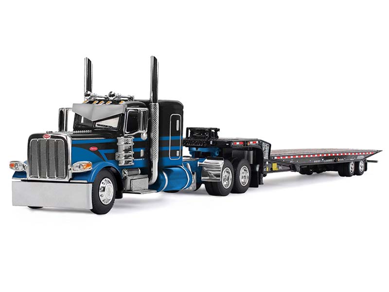 PRE-ORDER Peterbilt Model 389 w/ Flat Top Sleeper - Blue and Black Hauling Landoll 440B-50CA Traveling Axle Trailer Diecast 1:64 Scale Model - DCP 60-2190