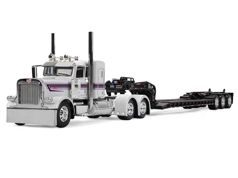 PRE-ORDER Peterbilt Model 389 w/ Flat Top Sleeper - White and Black Hauling Fontaine Magnitude Lowboy Trailer Diecast 1:64 Scale Model - DCP 60-2191