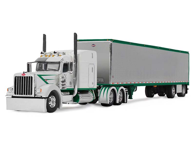 PRE-ORDER Peterbilt Model 389 w/ Mid-Roof Sleeper - White w/ Green Stripes Hauling Utility Trailer Diecast 1:64 Scale Model - DCP 60-2192