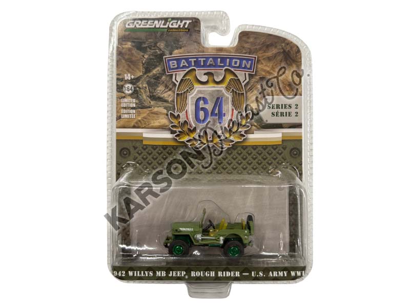 CHASE Theodore Roosevelt Jr’s 1942 Willys MB Jeep - U.S. Army World War II Normandy (Battalion 64 Series 2) Diecast 1:64 Scale Model - Greenlight 61020A