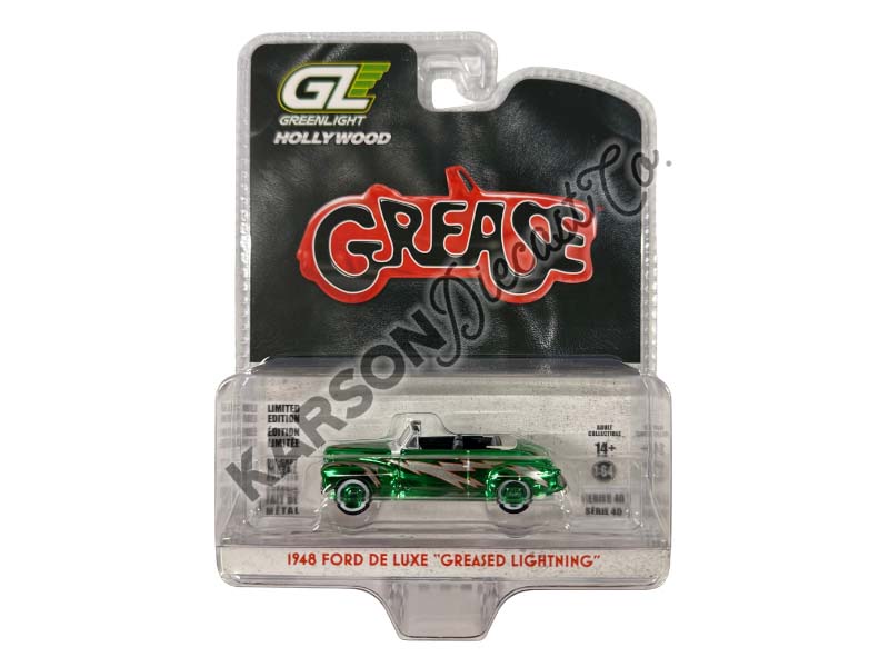 CHROME CHASE 1948 Ford De Luxe Convertible Greased Lightnin' - Grease 1978 (Hollywood Series 40) Diecast 1:64 Scale Model - Greenlight 62010A