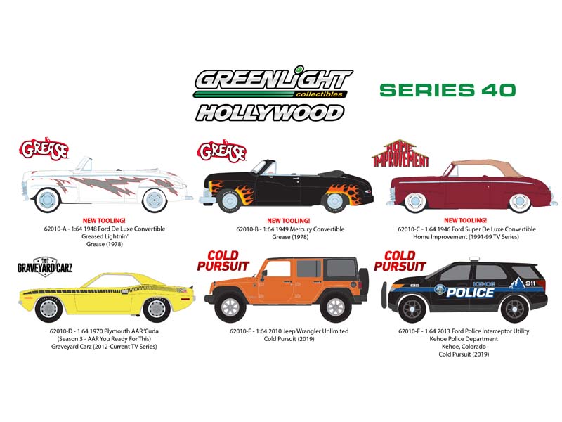 (Hollywood) Series 40 SET OF 6 Diecast 1:64 Scale Models - Greenlight 62010