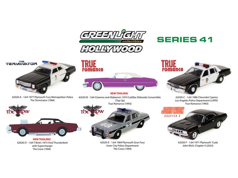 (Hollywood Series 41) SET OF 6 Diecast 1:64 Scale Models - Greenlight 62020
