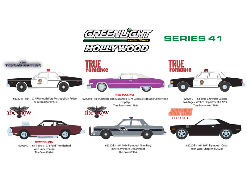 PRE-ORDER (Hollywood Series 41) SET OF 6 Diecast 1:64 Scale Models - Greenlight 62020